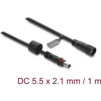 Delock DC-jatkokaapeli 5,5 x 2,1 mm uros–naaras ruuvilukituksella M12 x 1,75 mm kierre vesitiivis 18 AWG, 1 m musta
