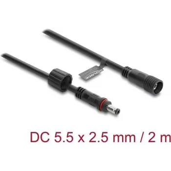 Delock DC-jatkokaapeli 5,5 x 2,5 mm uros–naaras ruuvilukituksella M12 x 1,75 mm kierre vesitiivis 18 AWG, 2 m musta