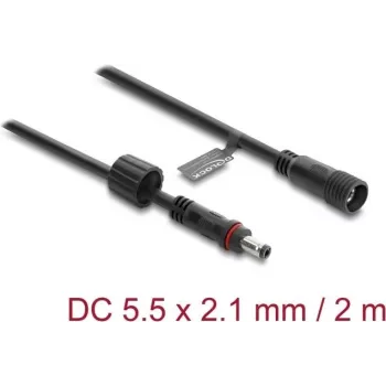 Delock DC-jatkojohto 5,5 x 2,1 mm uros–naaras ruuvilukituksella M12 x 1,75 mm kierre vedenpitävä 18 AWG, 2 m musta (67384)