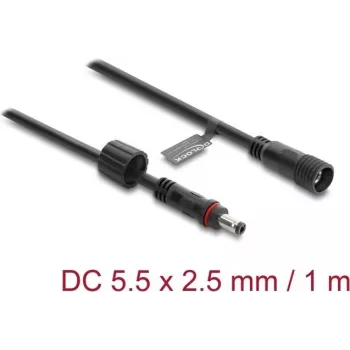 Delock DC-jatkokaapeli 5,5 x 2,5 mm uros–naaras ruuvilukituksella M12 x 1,75 mm kierre vesitiivis 18 AWG, 1 m musta (67386)