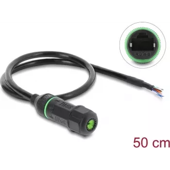 Delock RJ45 naaras avoimiin kaapelinpäihin Cat.6 paneeliasennettava kaapeli M16,8 x 1,5 mm kierteellä ja kotelolla 50 cm musta (87181)