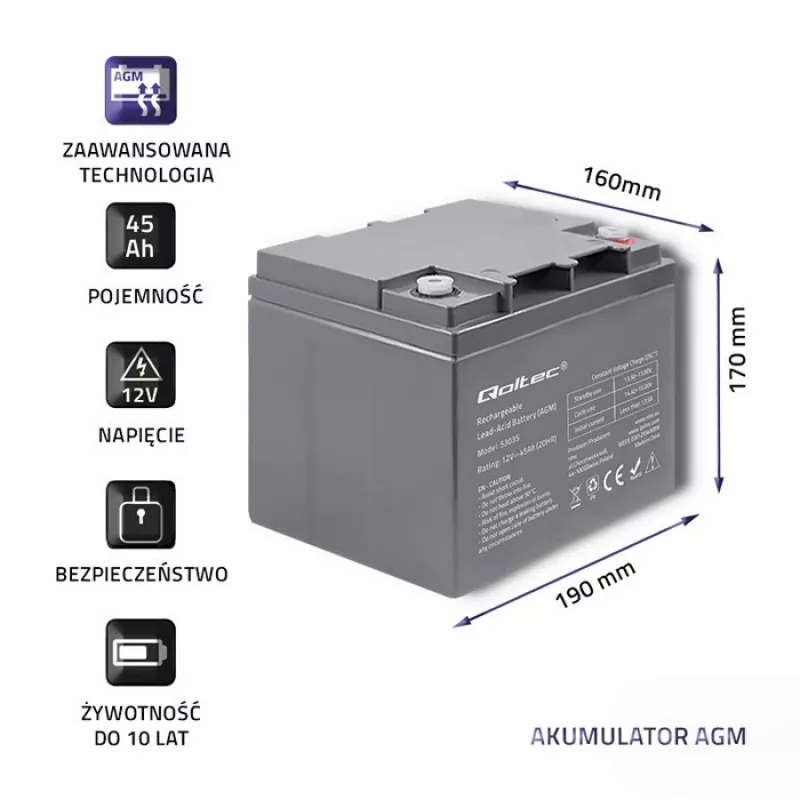 Qoltec 53035 AGM-akku 12V 45Ah 540A