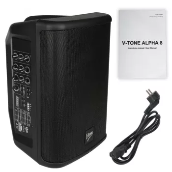 V-TONE ALPHA 8 aktiivinen akku-pilaripa-järjestelmä integroidulla mikserillä, 300W RMS, 8 tuuman woofer, Bluetooth, USB/SD, kaiku