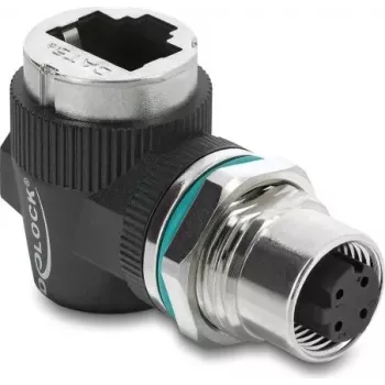 Delock M12-adapteri D-koodattu 4-napainen naaras - RJ45-naaras paneeliasennus 90° kulma