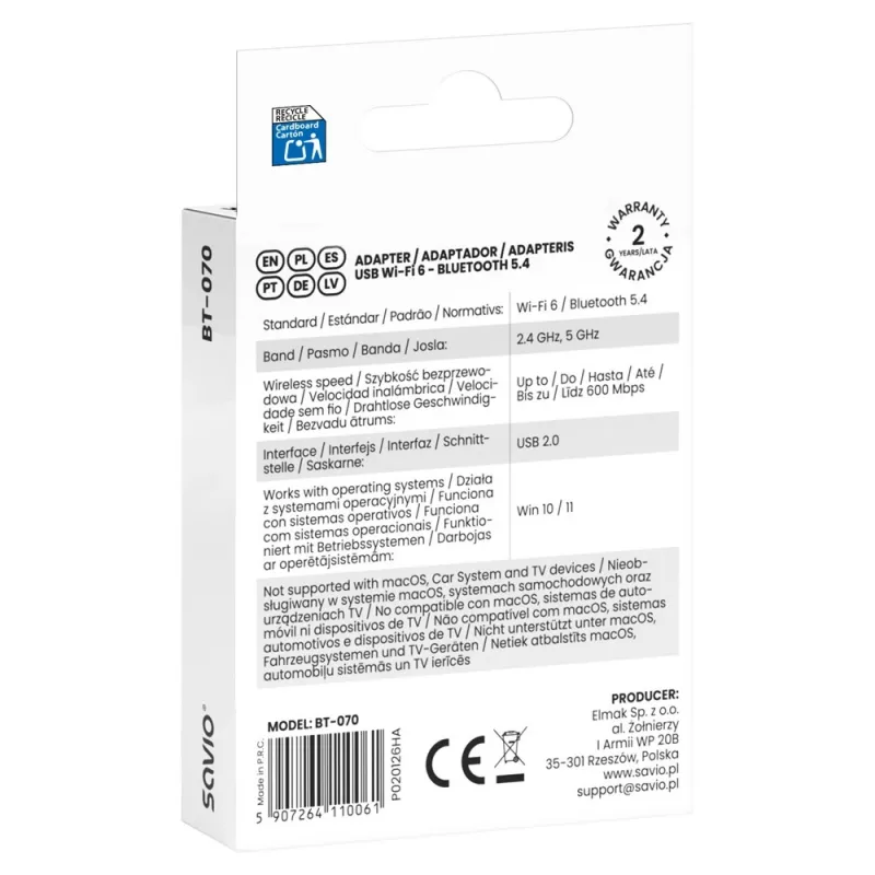 Savio BT-070 USB Wi-Fi 6 ja Bluetooth 5.4 -sovitin