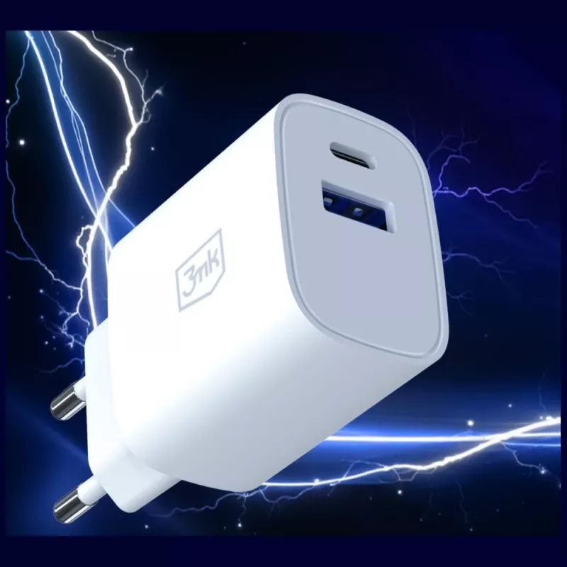 3MK FlowPower 30W USB-A USB-C PD 3.0 QC 4+ seinälaturi valkoinen