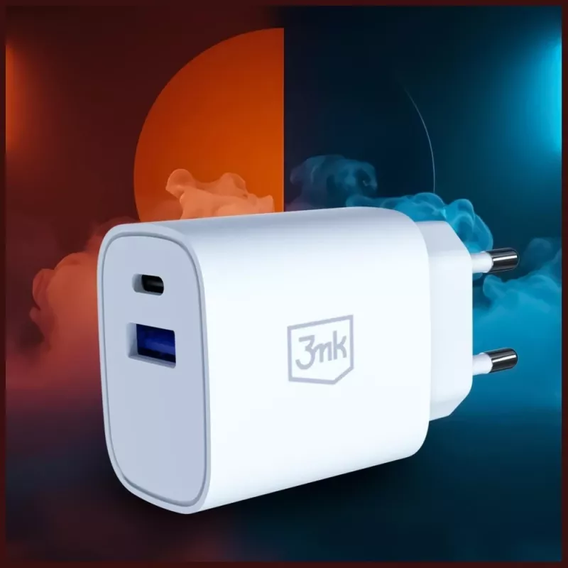 3MK FlowPower 30W USB-A USB-C PD 3.0 QC 4+ seinälaturi valkoinen