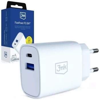 3MK FlowPower 30W USB-A USB-C PD 3.0 QC 4+ seinälaturi valkoinen