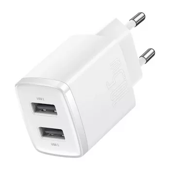 Baseus kompakti universaali valkoinen AC-sisälaturi 10,5W 2 USB-A liitäntää