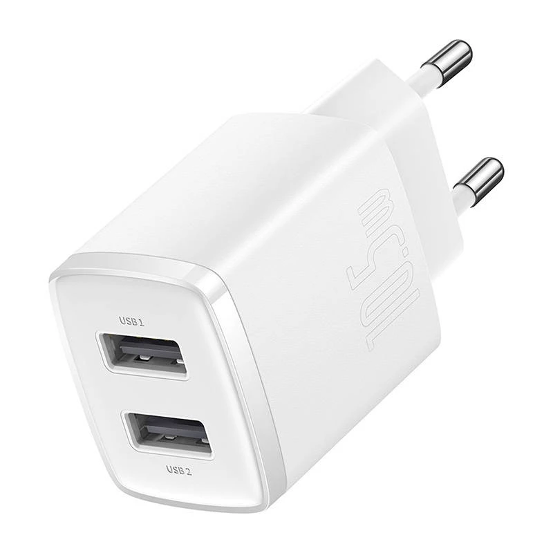 Baseus kompakti universaali valkoinen AC-sisälaturi 10,5W 2 USB-A liitäntää