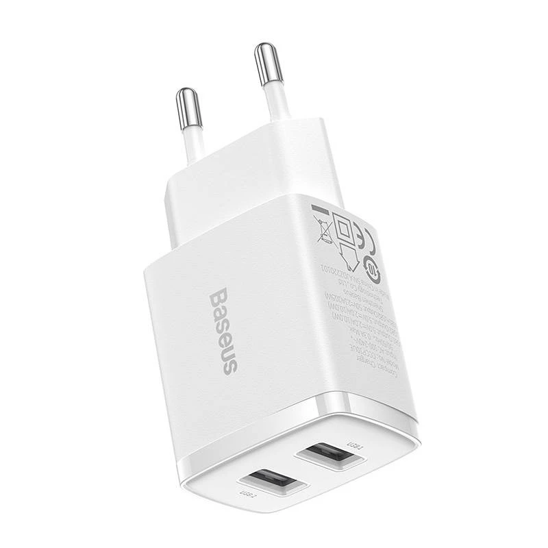 Baseus kompakti universaali valkoinen AC-sisälaturi 10,5W 2 USB-A liitäntää