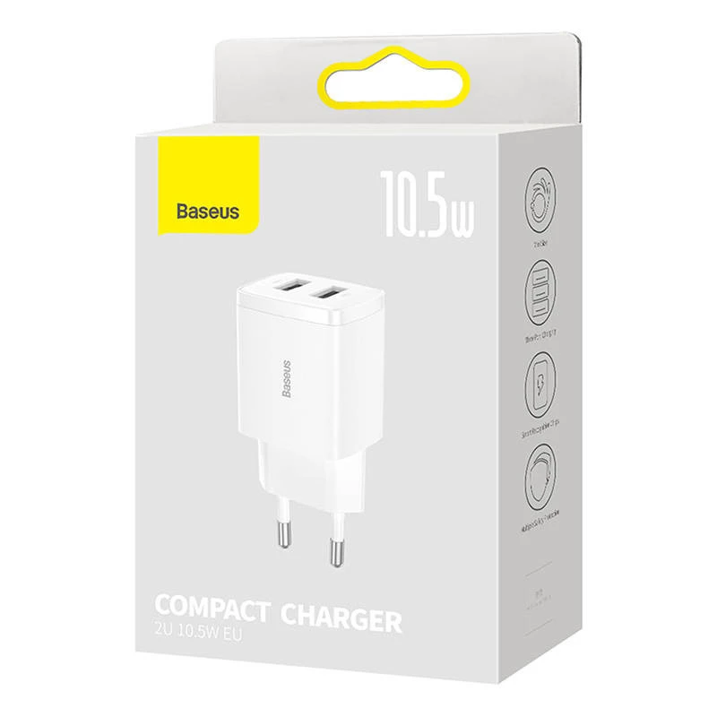 Baseus kompakti universaali valkoinen AC-sisälaturi 10,5W 2 USB-A liitäntää