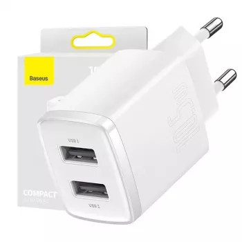 Baseus kompakti universaali valkoinen AC-sisälaturi 10,5W 2 USB-A liitäntää