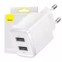 Baseus kompakti universaali valkoinen AC-sisälaturi 10,5W 2 USB-A liitäntää