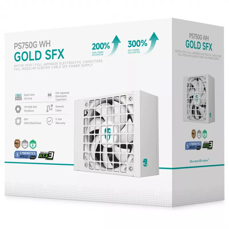 DeepCool PS750G WH 750W ATX 3.1 täysin modulaarinen 80 Plus Gold virtalähde valkoinen