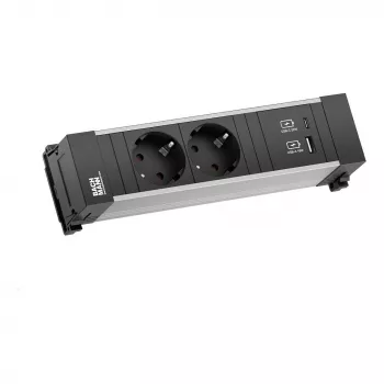Bachmann Power Frame pöytäpistorasiamoduuli 2x Schuko USB-A USB-C 22W 0,2m GST18 hopea