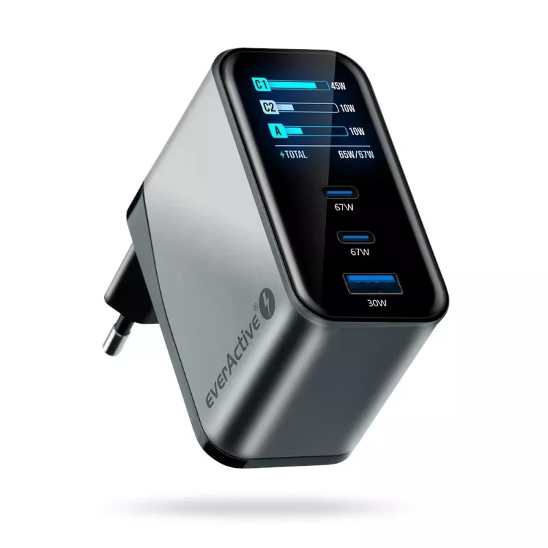 EVERACTIVE SC-670Q GaN 67W USB-C-laturi 2x USB-C ja 1x USB-A, Quick Charge 4+, PD 3.0, musta