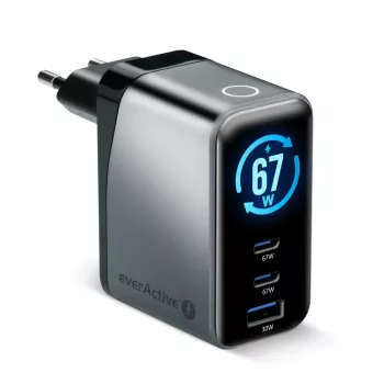 EVERACTIVE SC-670Q GaN 67W USB-C-laturi 2x USB-C ja 1x USB-A, Quick Charge 4+, PD 3.0, musta