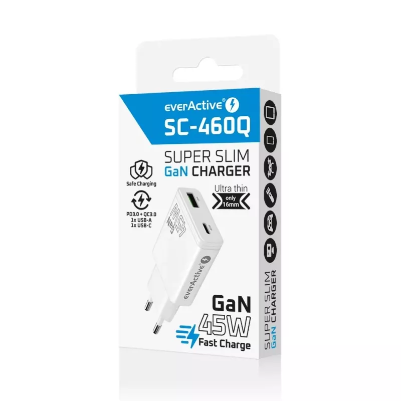 EVERACTIVE GaN QC3.0 45W USB-C-seinälaturi SC-460Q valkoinen