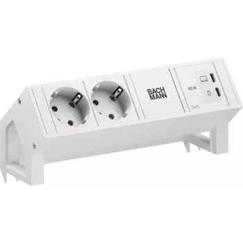 Bachmann DESK2 Pure White pöytäpistorasiamoduuli 2x Schuko-pistorasialla ja 65W USB-C PD:llä, 0,2m kaapeli, RAL 9010