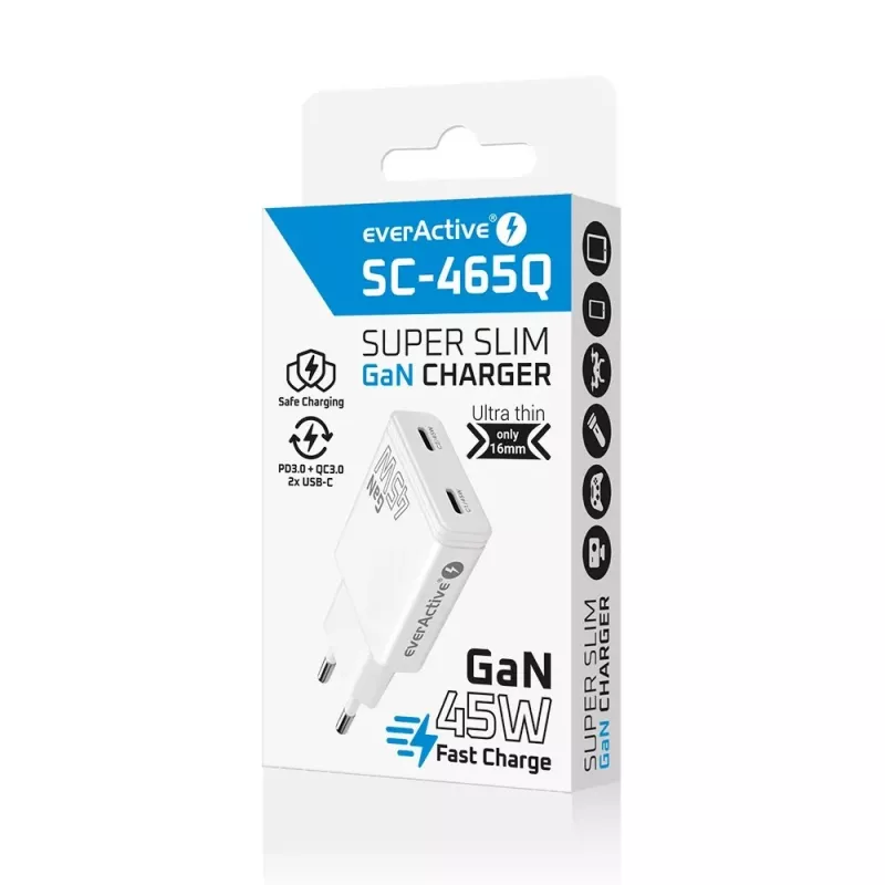 EVERACTIVE GaN 45W USB-C laturi QC3.0 SC-465Q valkoinen