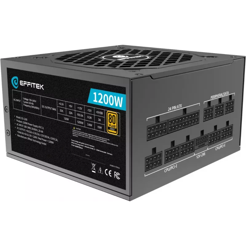 EFFITEK 1200W Gold ATX 3.1 PCIe 5.1 täysin modulaarinen virtalähde