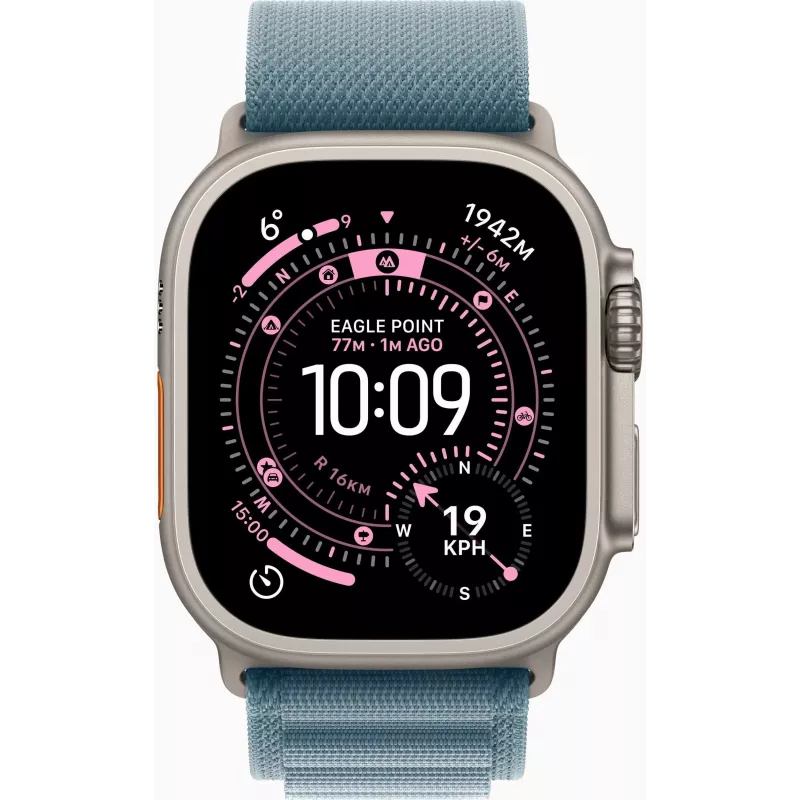 Apple Watch Ultra 3 GPS + Cellular 49mm Natural Titanium -kotelo Blue/Bright Blue Trail Loop -rannekkeella - M/L