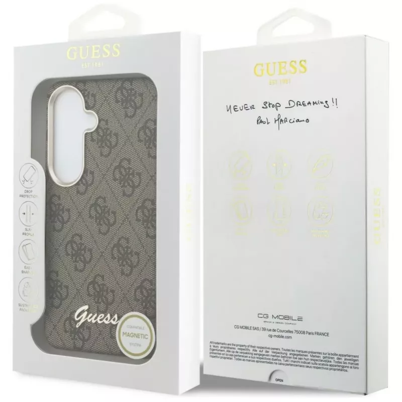Guess 4G Script MagSafe -suojakotelo Samsung Galaxy S26:lle (ruskea)