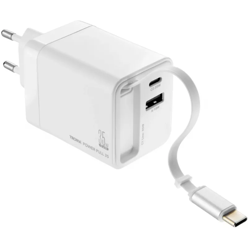 TROIKA POWER PULL 35 autolaturi 35W USB-C PD & USB-A QC 3.0 valkoinen (CHA35/WH)