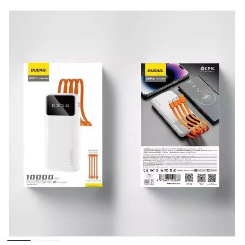 DUDAO K6Pro varavirtalähde 10000mAh 10W 4 kaapelia musta
