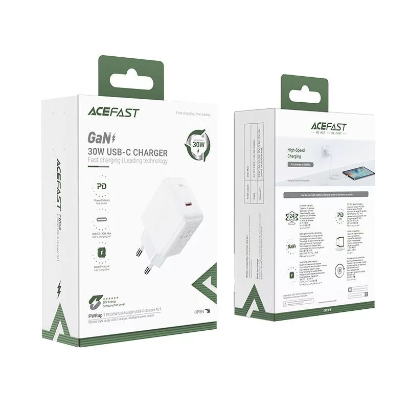 ACEFAST GaN USB-C -laturi 30W PD QC 3.0 AFC FCP valkoinen (A21)