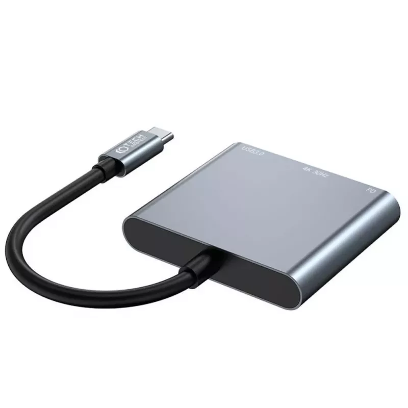 Tech-Protect V1 3in1 USB-C-keskitin sovitin - USB-A 3.0, USB-C PD 100W, HDMI 4K 30Hz - harmaa