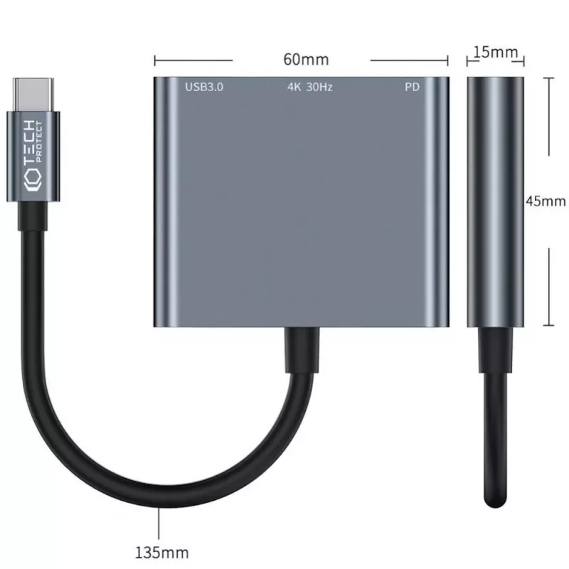 Tech-Protect V1 3in1 USB-C-keskitin sovitin - USB-A 3.0, USB-C PD 100W, HDMI 4K 30Hz - harmaa