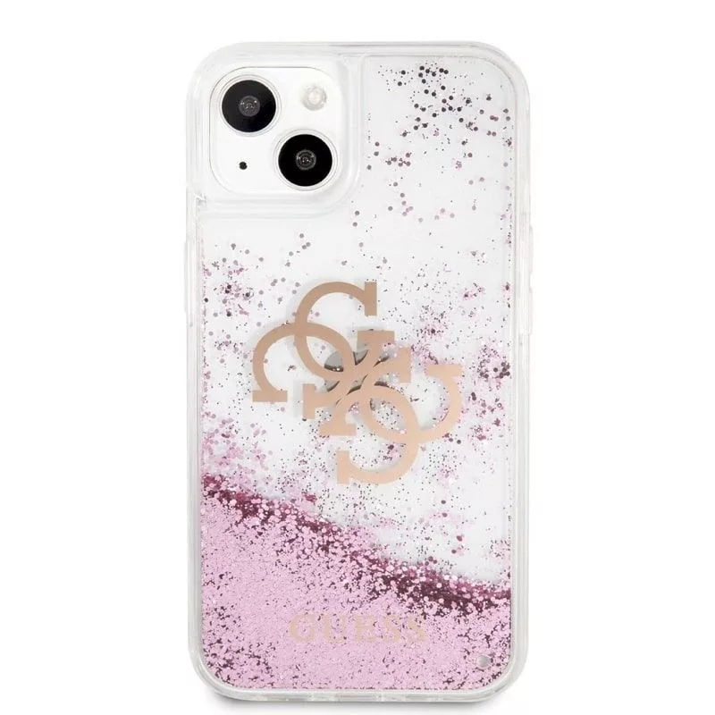 Guess iPhone 13 Mini Liquid Glitter -kotelo pinkki läpinäkyvä