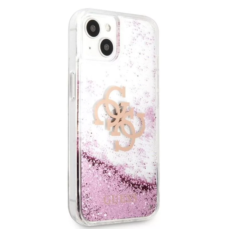 Guess iPhone 13 Mini Liquid Glitter -kotelo pinkki läpinäkyvä