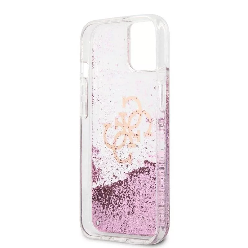 Guess iPhone 13 Mini Liquid Glitter -kotelo pinkki läpinäkyvä