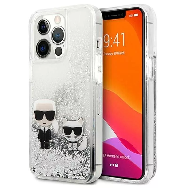 Karl Lagerfeld Apple iPhone 13 Pro Liquid Glitter Choupette -kotelo hopea