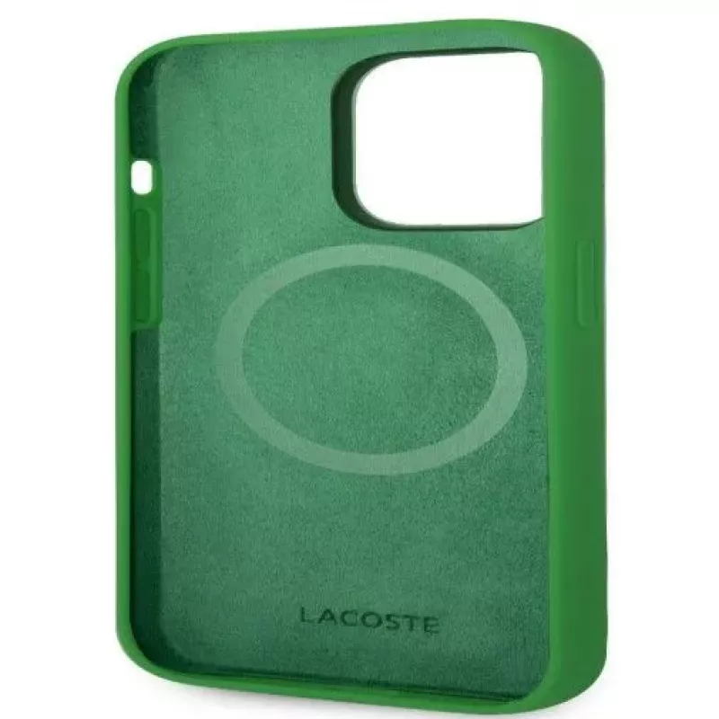 Lacoste Apple iPhone 15 6.1 Liquid Silicone Microfiber Croc Logo Magsafe takakansi vihreä