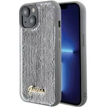 Guess iPhone 15 HC Sequin Script Metal Silver kova kotelo