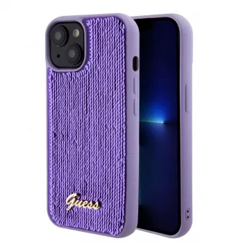 Guess Sequin Script Logo kotelo iPhone 15 violetti