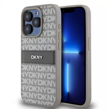 DKNY PU Leather Repeat Pattern Tonal Stripe Case iPhone 15 Pro beige