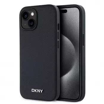DKNY PU-nahka Silver Metal Logo MagSafe -kotelo iPhone 15:lle musta