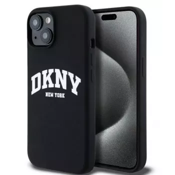 DKNY Apple iPhone 15 Hardcase Liquid Silicone White Printed Logo MagSafe musta