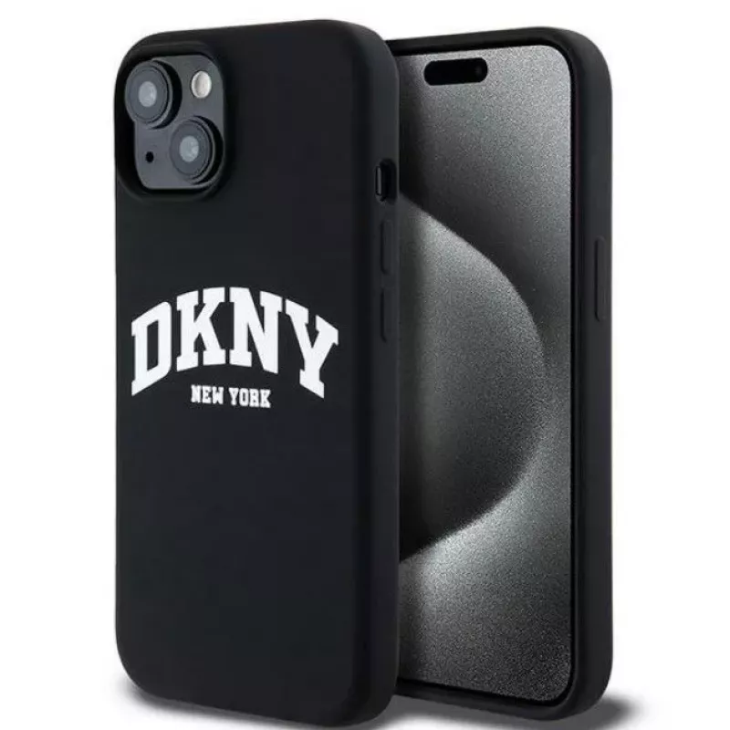 DKNY Apple iPhone 15 Hardcase Liquid Silicone White Printed Logo MagSafe musta