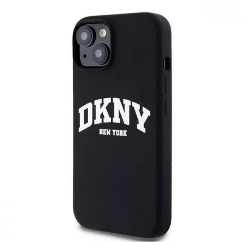DKNY Apple iPhone 15 Hardcase Liquid Silicone White Printed Logo MagSafe musta