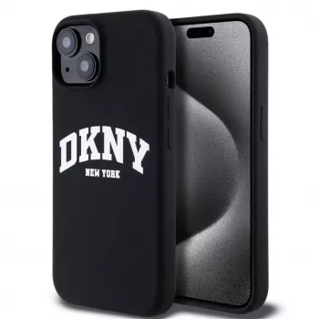 DKNY Apple iPhone 15 Hardcase Liquid Silicone White Printed Logo MagSafe musta
