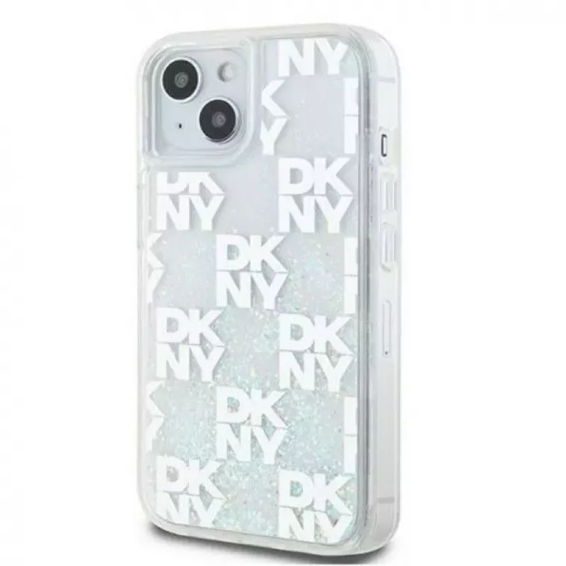 DKNY Apple iPhone 15 -kovakotelo Liquid Glitter Multilogo valkoinen