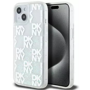 DKNY Apple iPhone 15 -kovakotelo Liquid Glitter Multilogo valkoinen