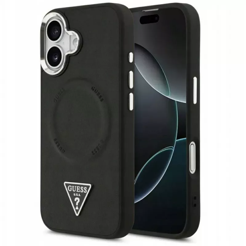Guess Apple iPhone 17 PU-nahka Triangle Logo MagSafe -kotelo musta