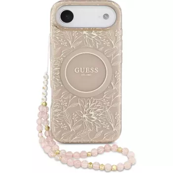 Guess Apple iPhone 17 Air -silikonikotelo MagSafella Flowers Allover helmikoristeisella hihnalla pinkki